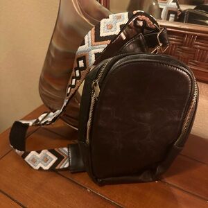 Small Brown Leather Crossbody Bag with Patterned Strap